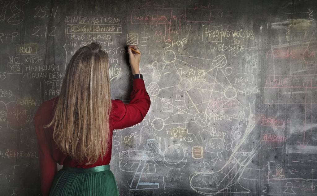 a teacher writes on the chalkboard