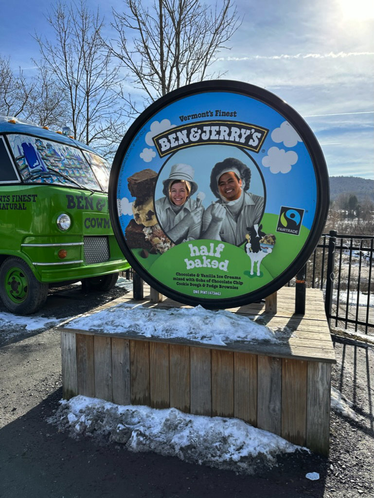 posing out front of Ben and Jerry's at the pint photo booth