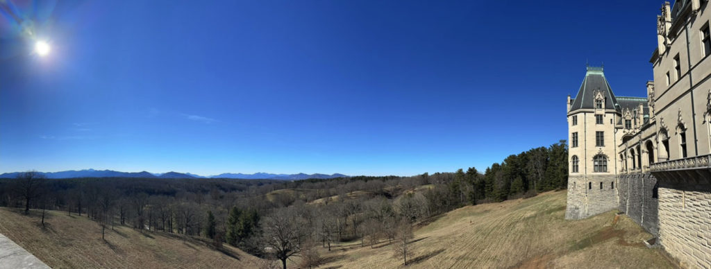 Panorama of the backside of the Biltmore Estate looking out towards the French Broad River and Pisgah Mountains