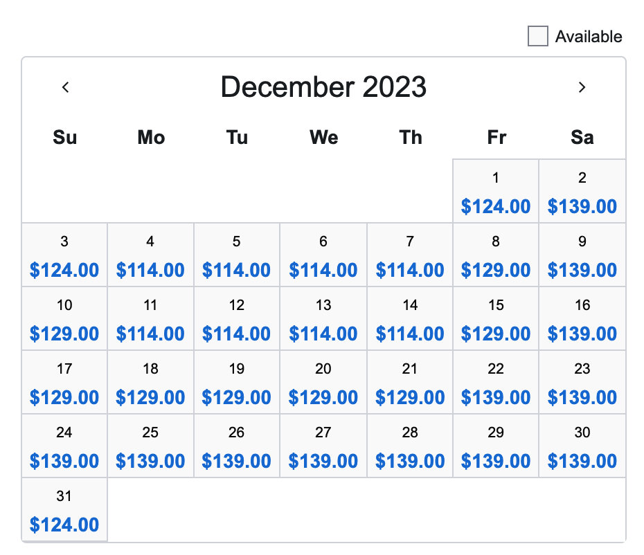 Pricing calendar