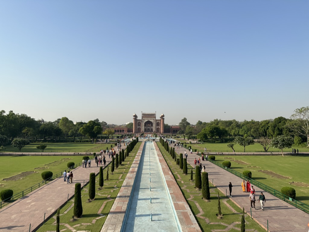 The meticulously maintained grounds of the Taj Mahal