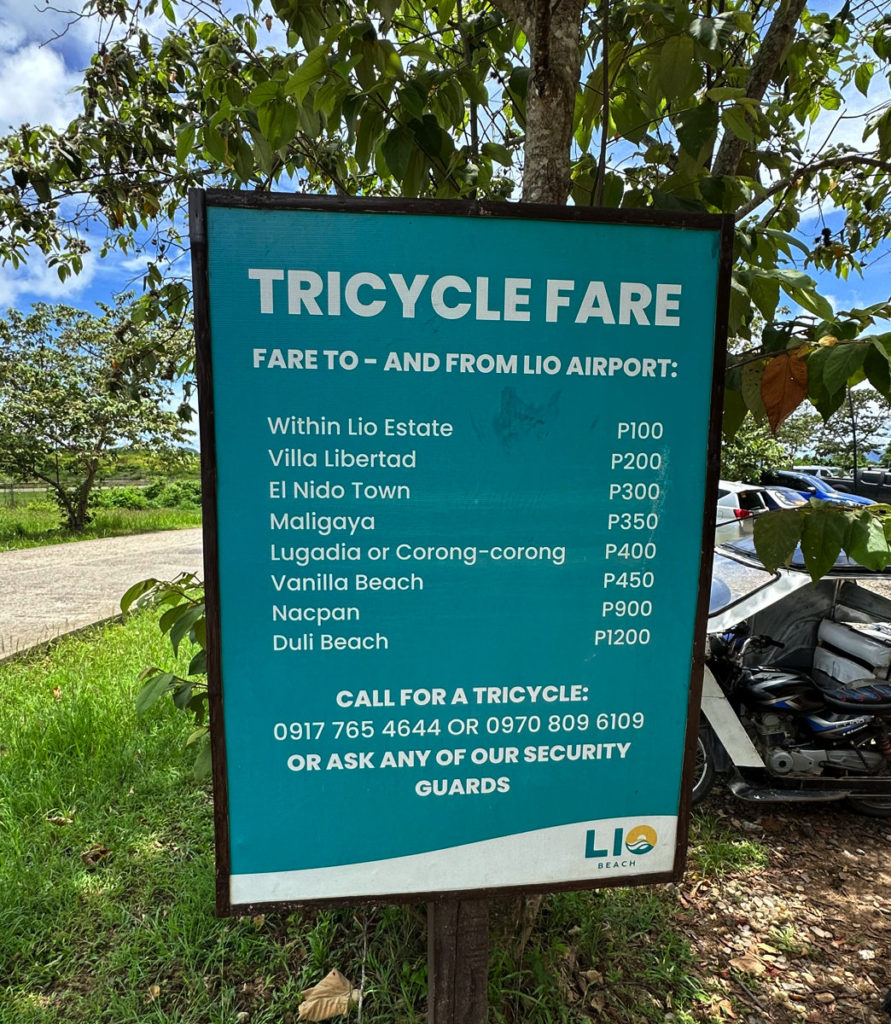 Tricycle fare to and from Lio Airport, prices listed in Philippine Pesos