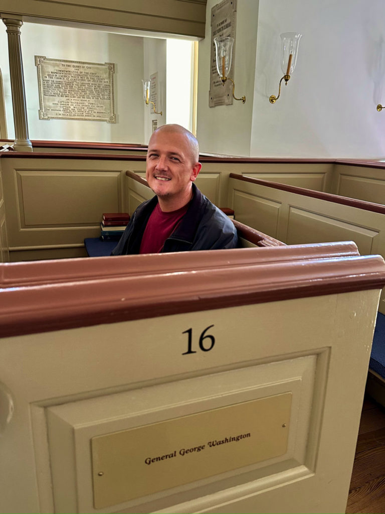 A pew at Bruton Parish Episcopal Church where George Washington sat