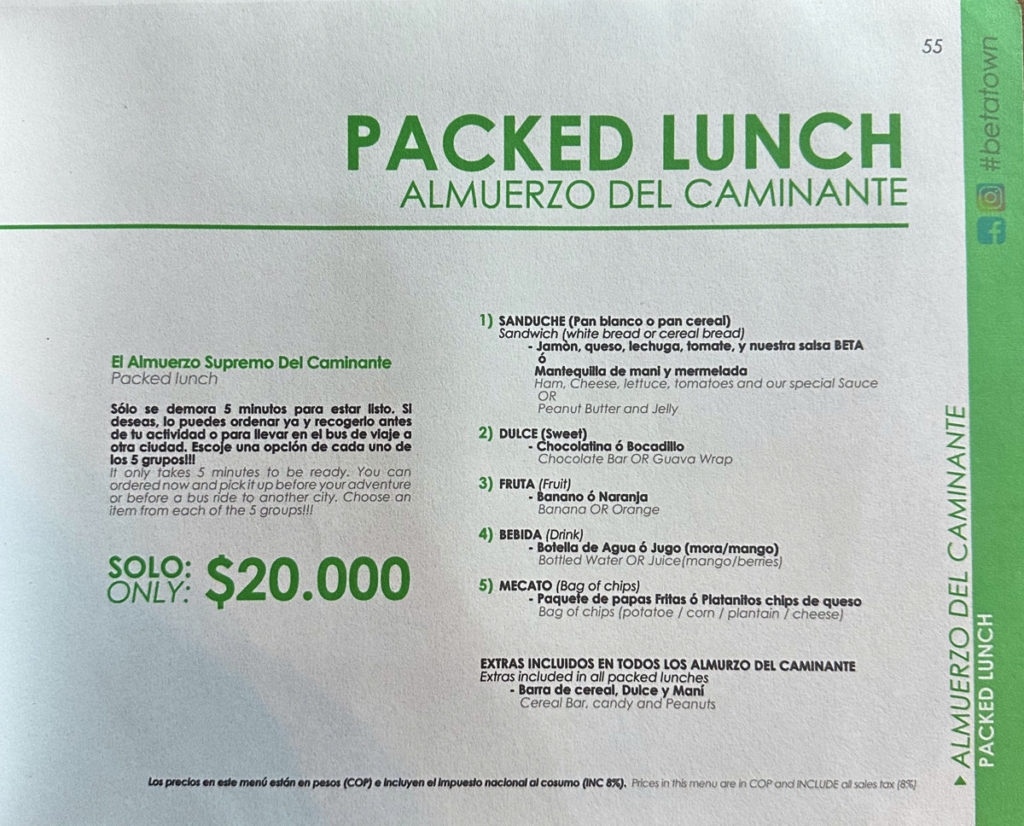 Betatown Packed Lunch Menu for 20,000 COP ($5 USD).