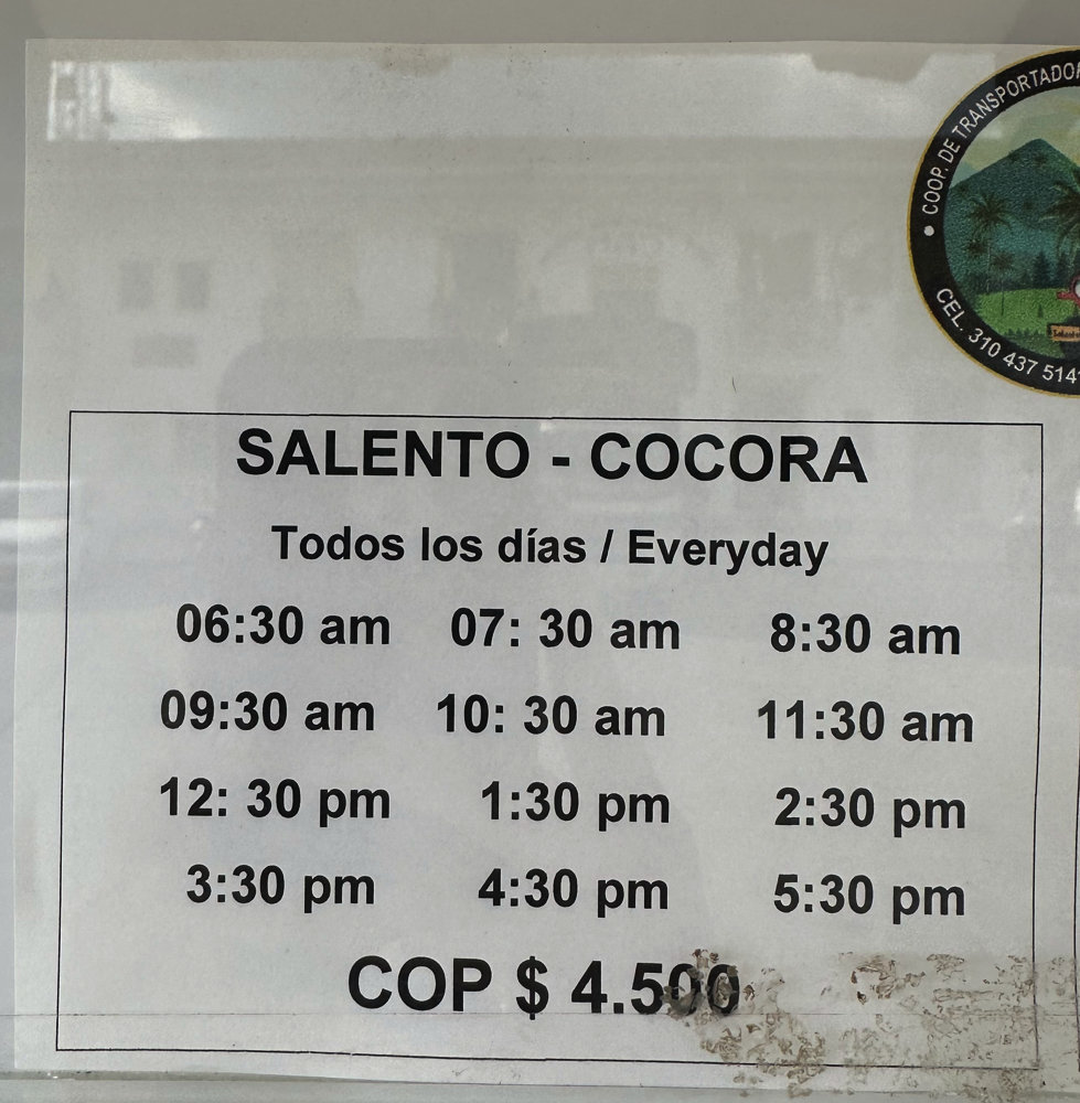 Willy schedule Salento to Cocora