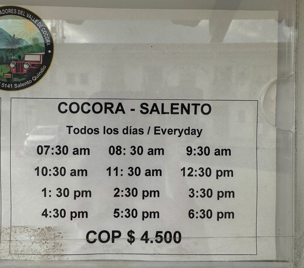 Willy schedule Cocora to Salento