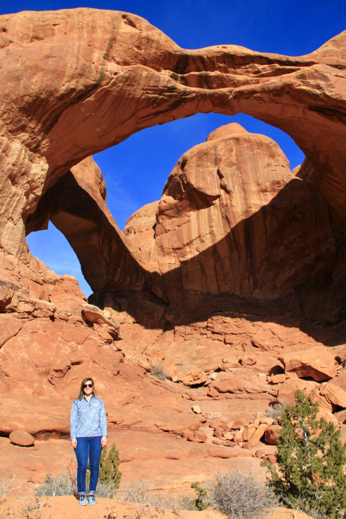 Posing in front of Double O Arch